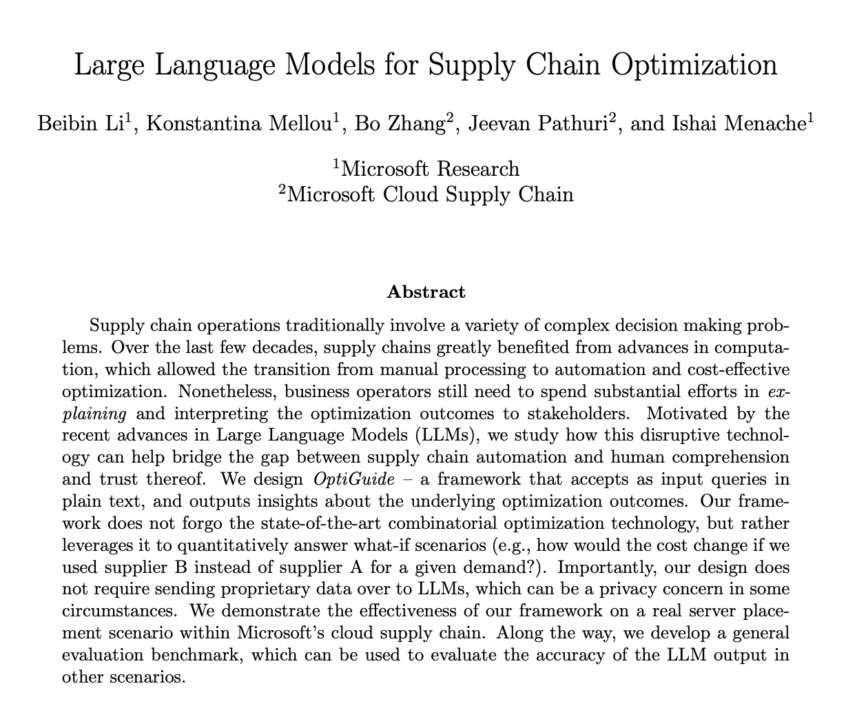 Notes on Large Language Models for Supply Chain Optimization