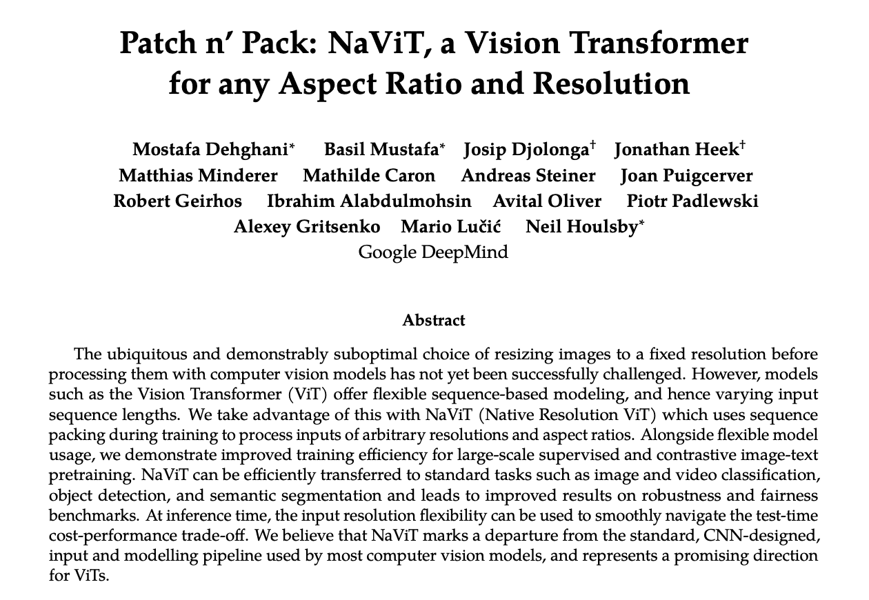 Notes on Patch n' Pack: NaViT, a Vision Transformer for any Aspect Ratio and Resolution