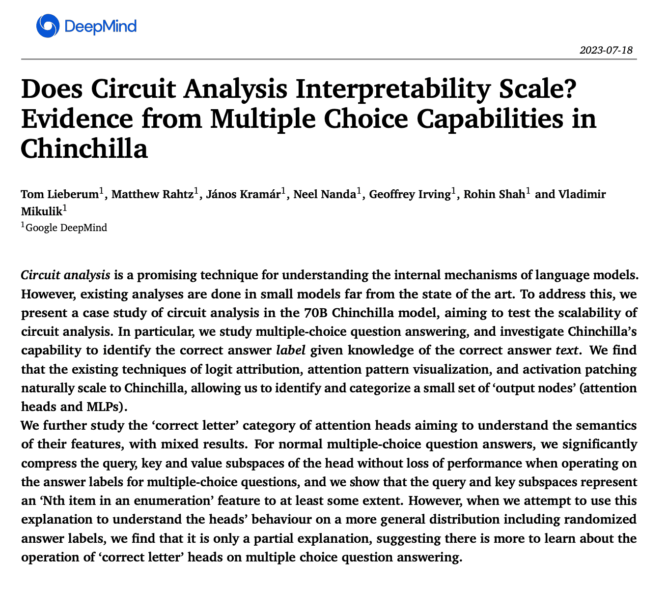 Notes on Does Circuit Analysis Interpretability Scale? Evidence from Multiple Choice Capabilities in Chinchilla