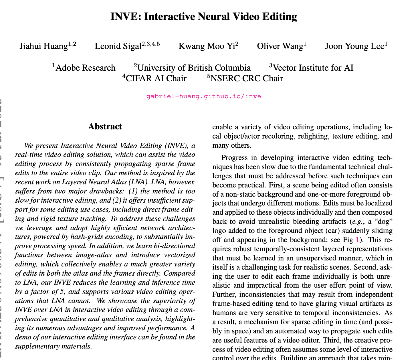Notes on INVE: Interactive Neural Video Editing
