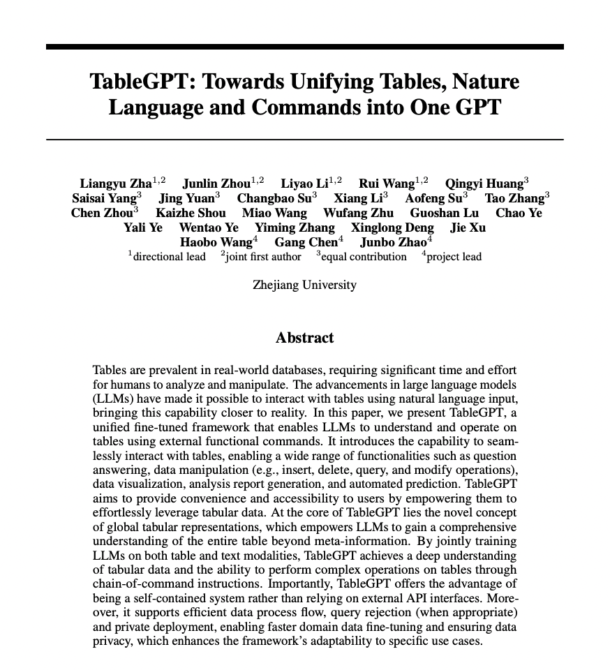 Notes on TableGPT: Towards Unifying Tables, Nature Language and Commands into One GPT