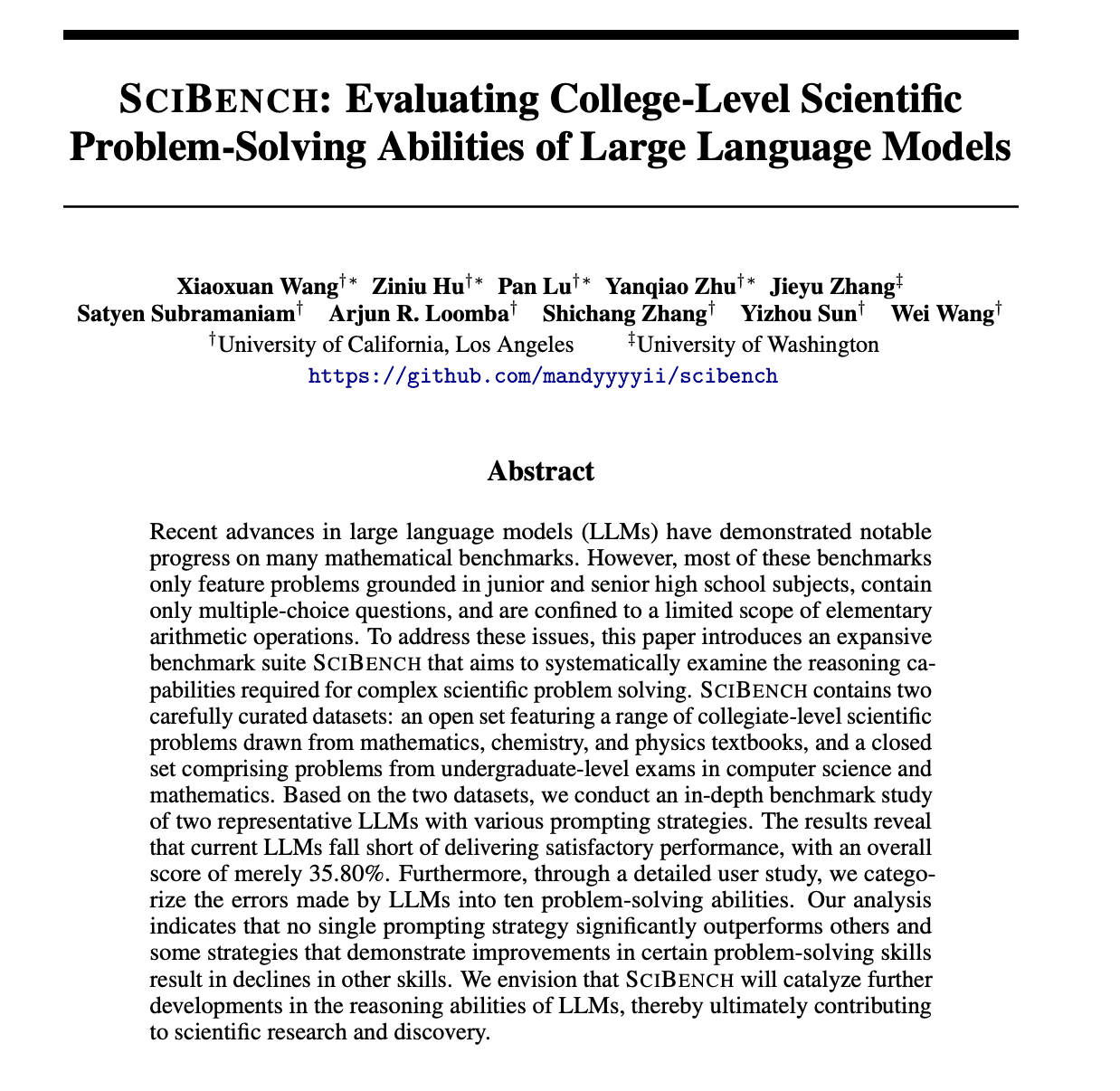 Notes on SciBench: Evaluating College-Level Scientific Problem-Solving Abilities of Large Language Models
