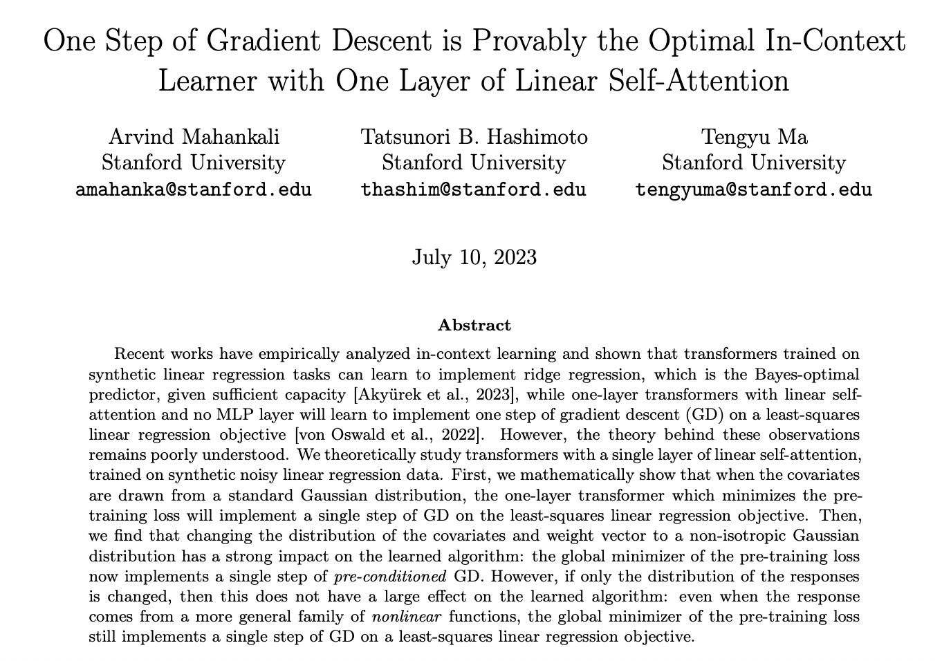 Notes on One Step of Gradient Descent is Provably the Optimal In-Context Learner with One Layer of Linear Self-Attention