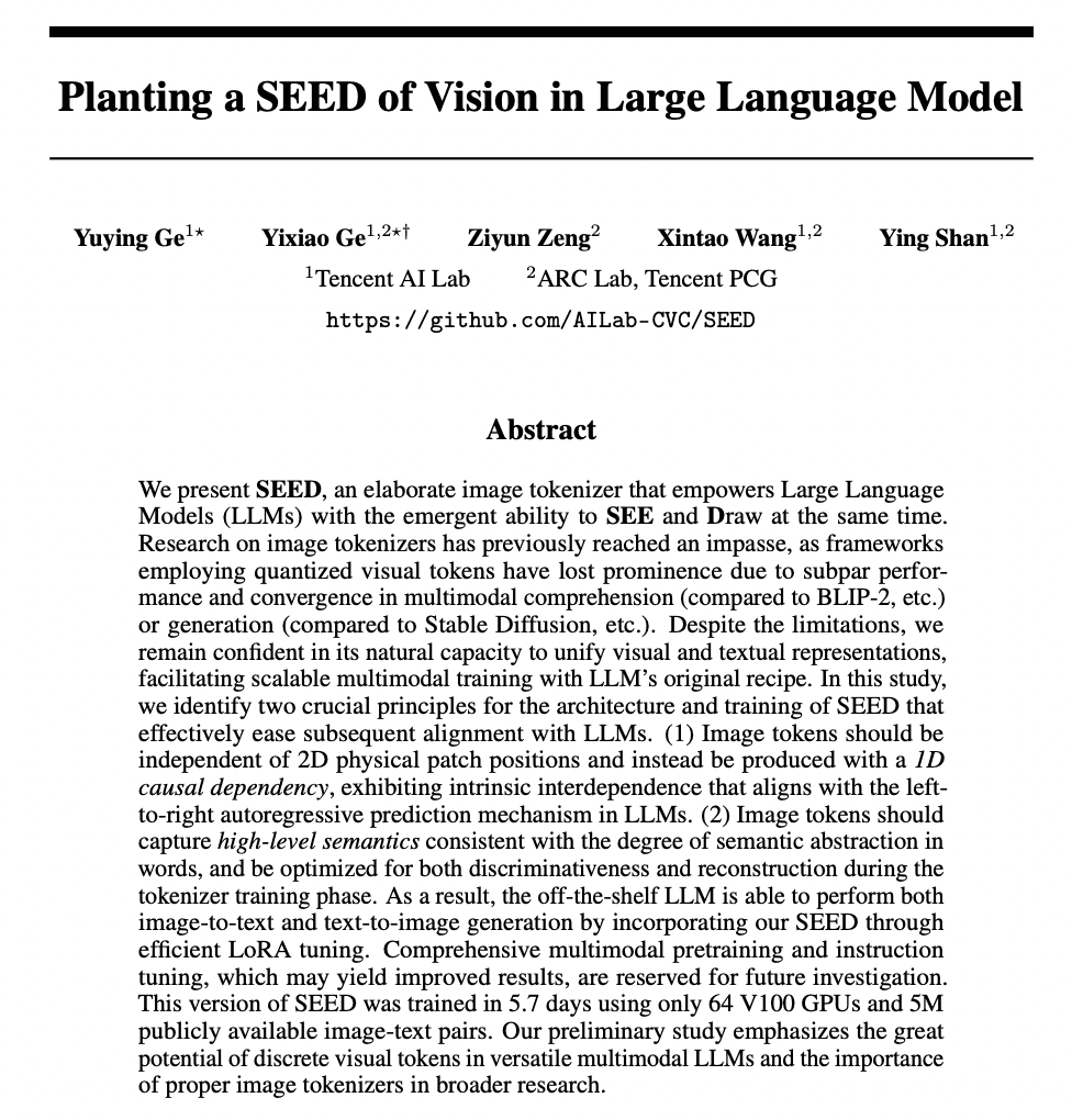 Notes on Planting a SEED of Vision in Large Language Model