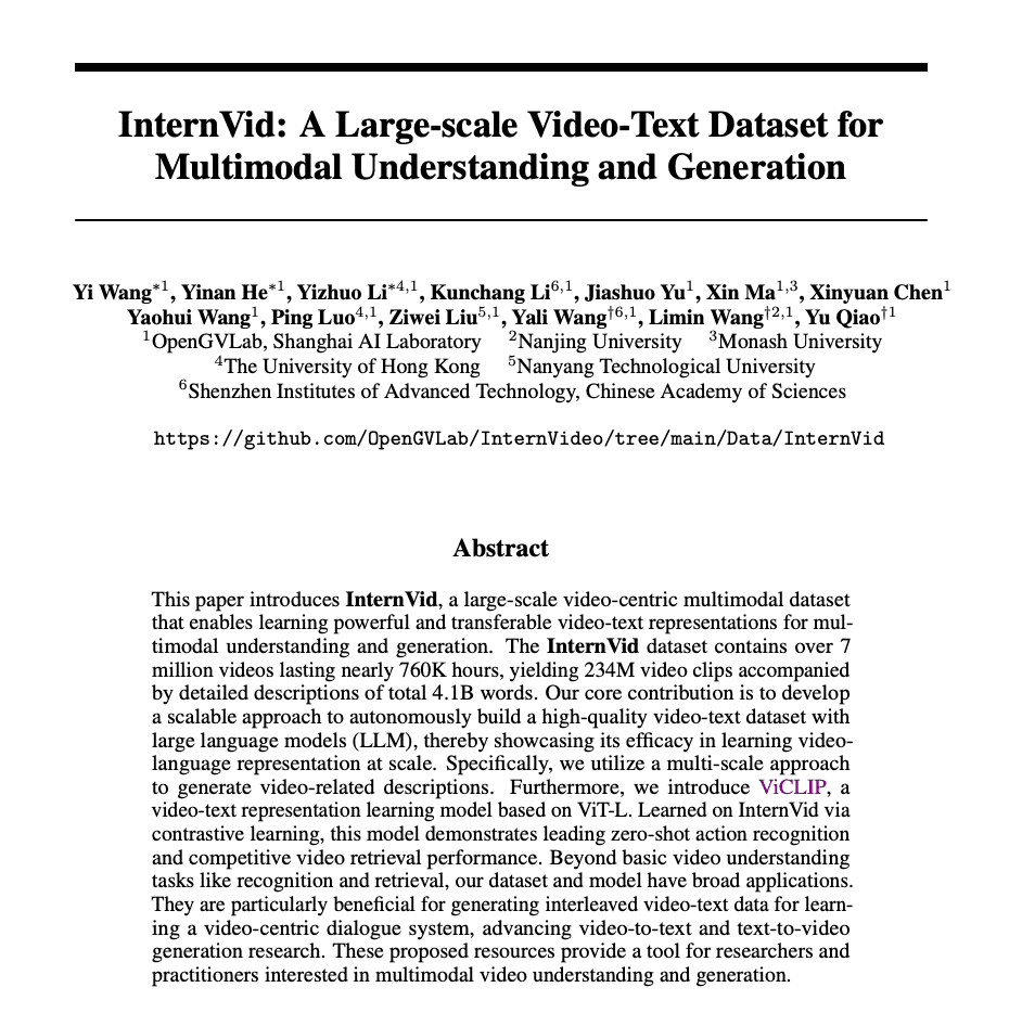 Notes on InternVid: A Large-scale Video-Text Dataset for Multimodal Understanding and Generation
