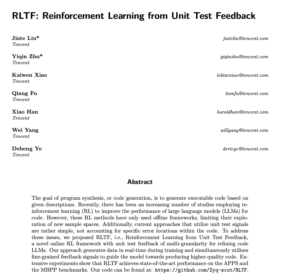 Notes on RLTF: Reinforcement Learning from Unit Test Feedback