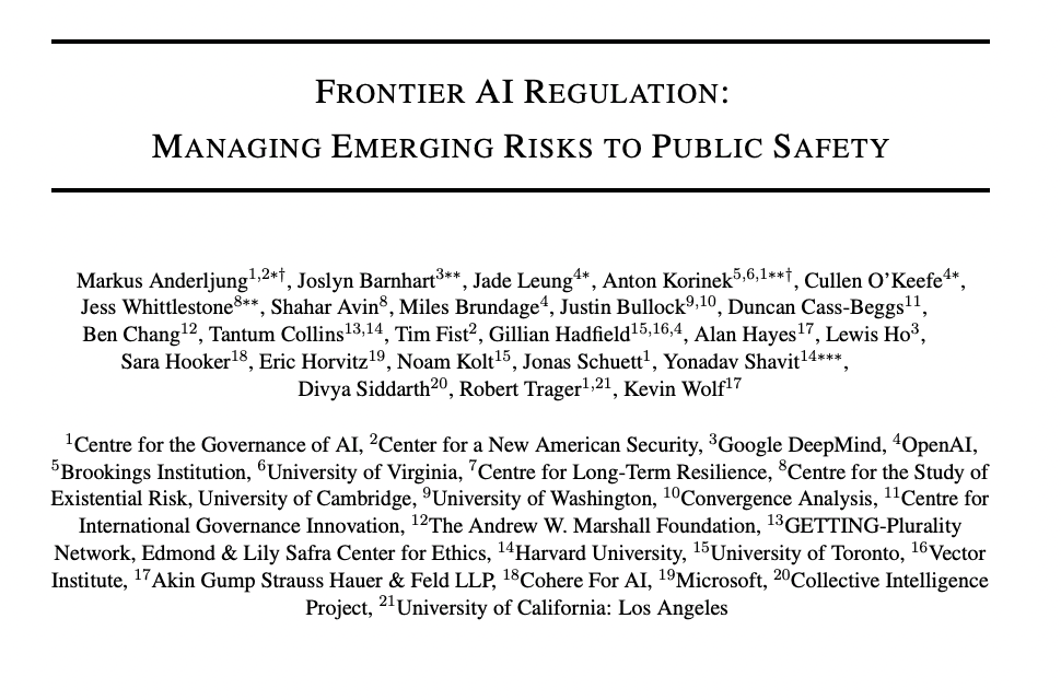 Notes on Frontier AI Regulation: Managing Emerging Risks to Public Safety