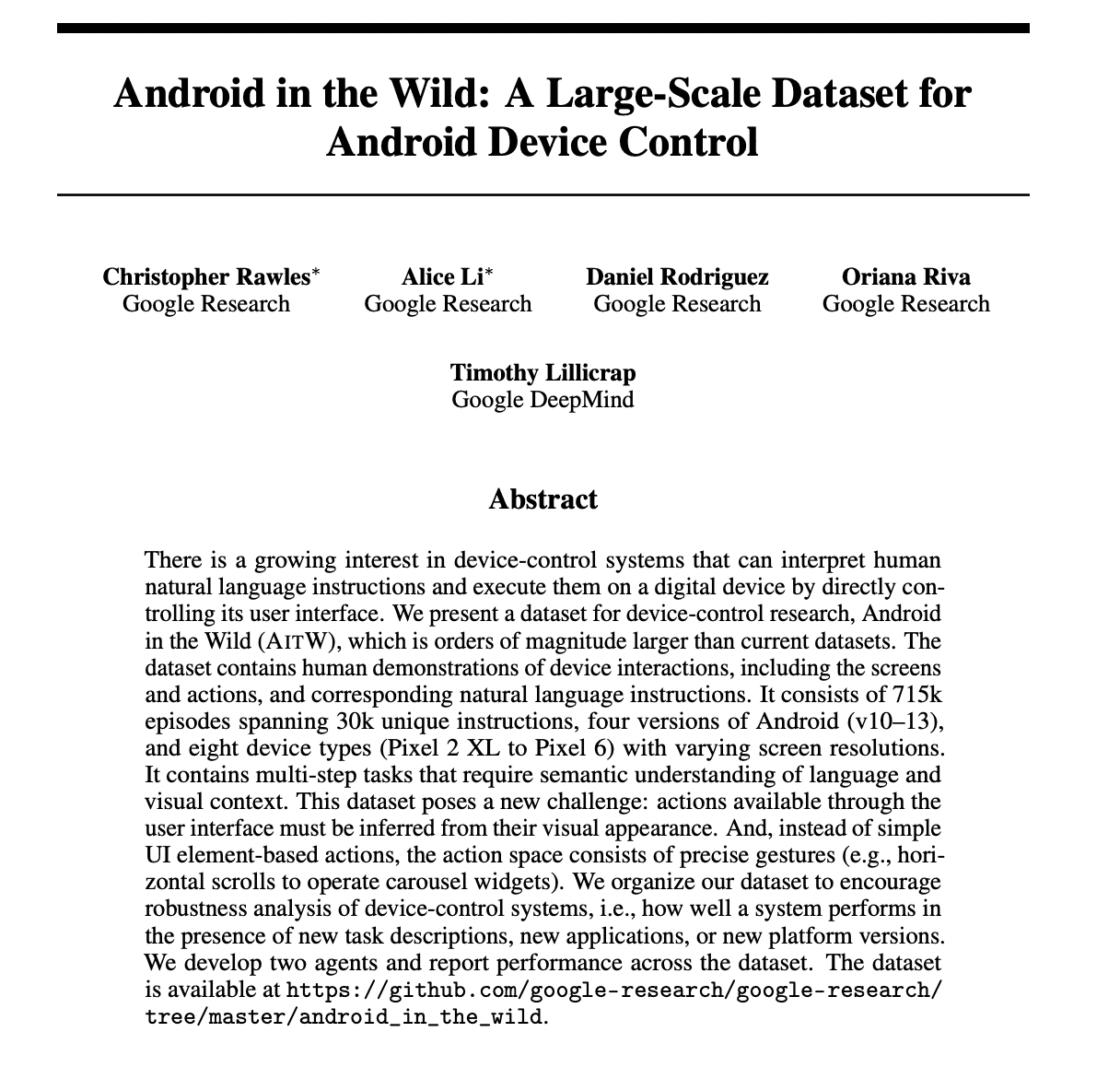 Notes on Android in the Wild: A Large-Scale Dataset for Android Device Control