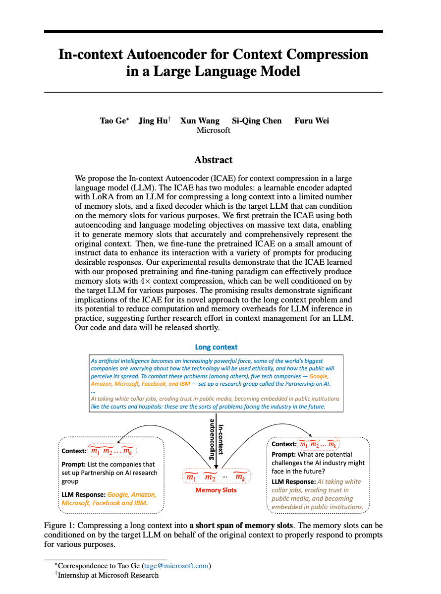 Notes on In-context Autoencoder for Context Compression in a Large Language Model