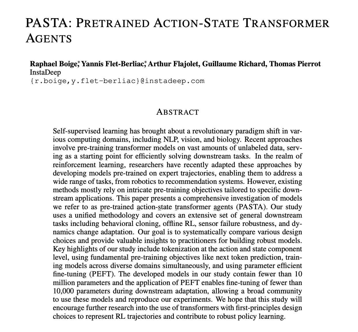 Notes on PASTA: Pretrained Action-State Transformer Agents